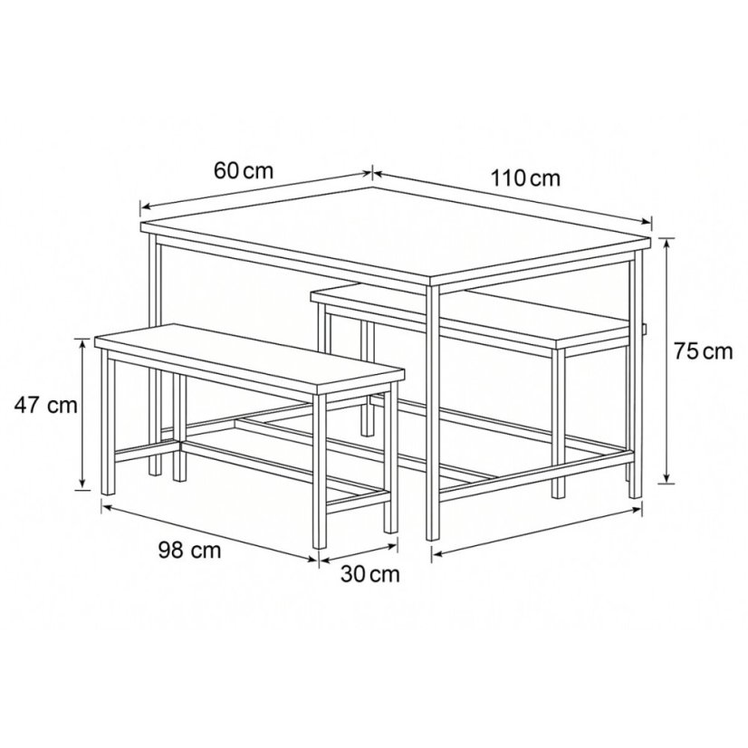 Jídelní set 1+2, rozměr stolu 110x60x75, rozměr lavice 98x30x47, MDF, barva staré dřevo