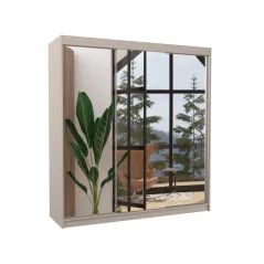 Posuvná skříň se zrcadlem AUSTIN 200 kašmír (200 x 215) cm – 11 polic pro přehledné uložení