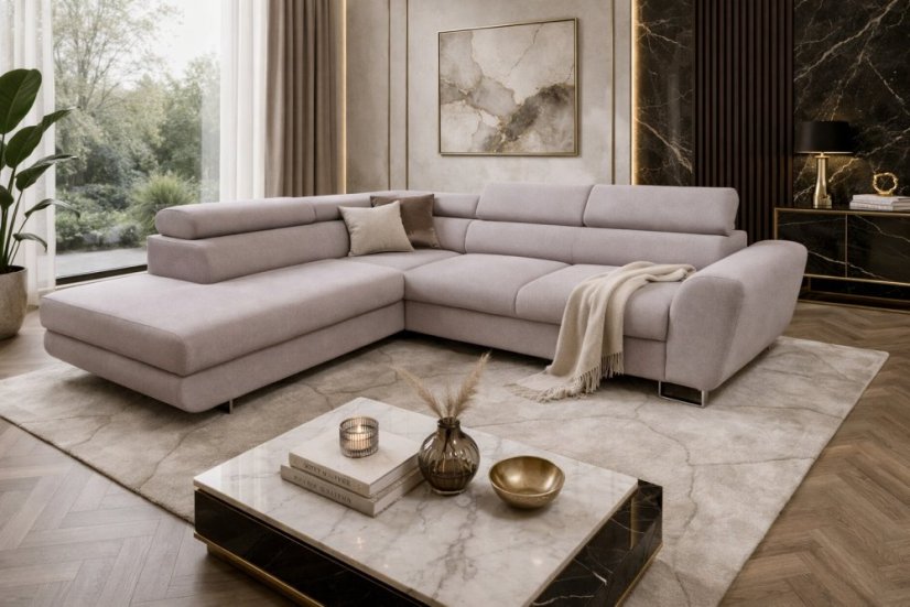 Rozkládací rohová sedačka MALAGA 270x233 světle hnědá - Umístnění rohu: levý roh