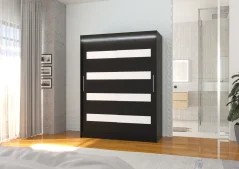 Posuvná skříň s lacobelem a LED osvětlením MARTINEZ 150 černá (150 x 200) cm – 6 polic pro přehledné uložení