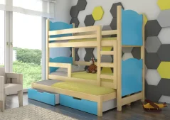 Patrová postel pro tři osoby s matracemi LETICIA borovice – modrá (81 x 160) cm