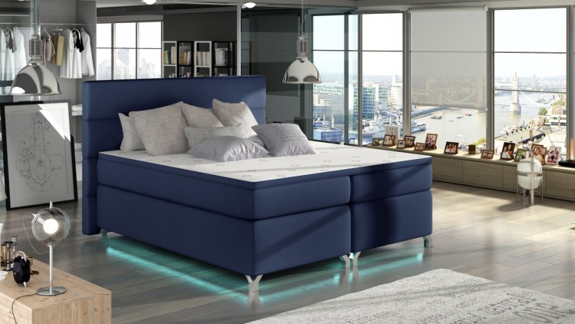 Kontinentální postel Boxspring MADEIRA modrá ekokůže - Vyberte rozměry: 180 x 200 cm
