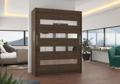 Skříň posuvná se zrcadlem BALTIC 150 choco (150 x 200) cm – 6 polic pro přehledné uložení