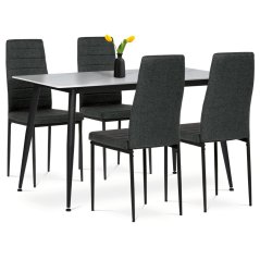 Jídelní set 1+4, stůl 130x70, deska slinutý kámen v imitaci bílého matného mramoru, židle zelená látka, černý lak