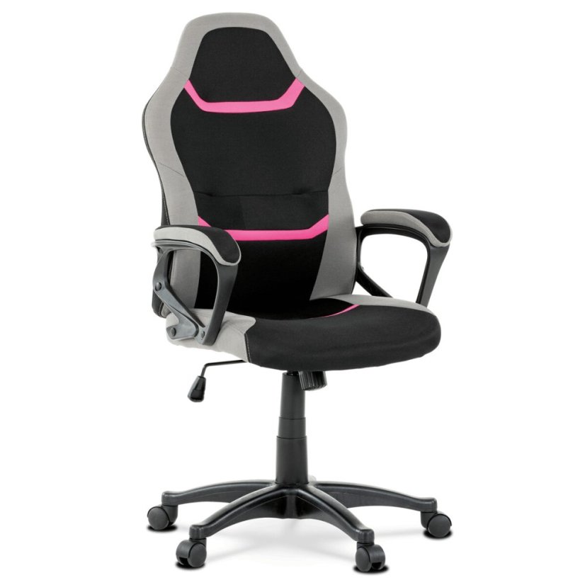 Kancelářská a herní židle, potah růžová, šedá a černá látka, houpací mechanismus