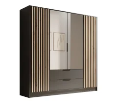 Skříň Neri 200 se zrcadly černá (200 x 200) cm – 5 polic pro přehledné uložení
