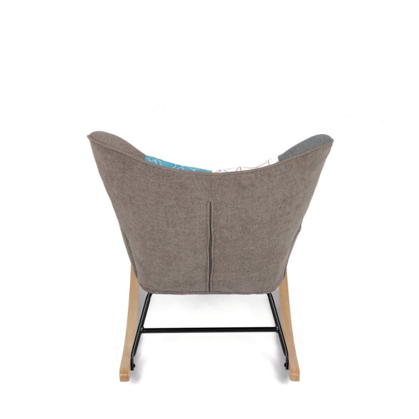Křeslo houpací, potah patchwork látka, dřevěné nohy, masiv kaučukovník
