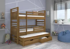 Třílůžková patrová postel HIPPO 180x80 dub (87 x 175) cm – 2 zásuvky na lůžkoviny místo další komody