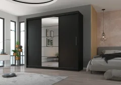 Posuvná skříň se zrcadlem ERWIN 235 černá (235 x 215) cm – 5 polic pro přehledné uložení