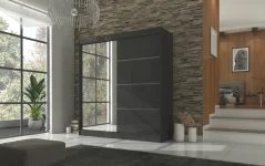 Posuvná skříň s zrcadlem GILTON 200 černá (200 x 215) cm – 8 polic pro přehledné uložení