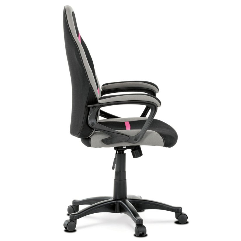 Kancelářská a herní židle, potah růžová, šedá a černá látka, houpací mechanismus