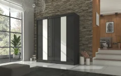 Posuvná skříň s lacobelem KAREN 200 černá (200 x 215) cm – 8 polic pro přehledné uložení