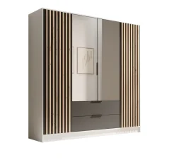 Skříň Neri 200 se zrcadly bílá – černá (200 x 200) cm – 5 polic pro přehledné uložení