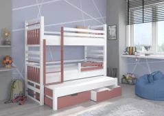 Třílůžková patrová postel HIPPO 200x90 bílá – růžová (97 x 175) cm – 2 zásuvky na lůžkoviny místo další komody