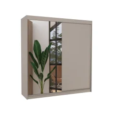 Posuvná skříň se zrcadlem DELLA 200 kašmír (200 x 215) cm – 11 polic pro přehledné uložení