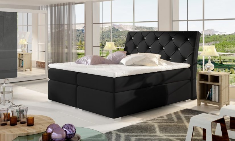 Kontinentální postel Boxspring CALVIN černá ekokůže - Vyberte rozměry: 180 x 200 cm