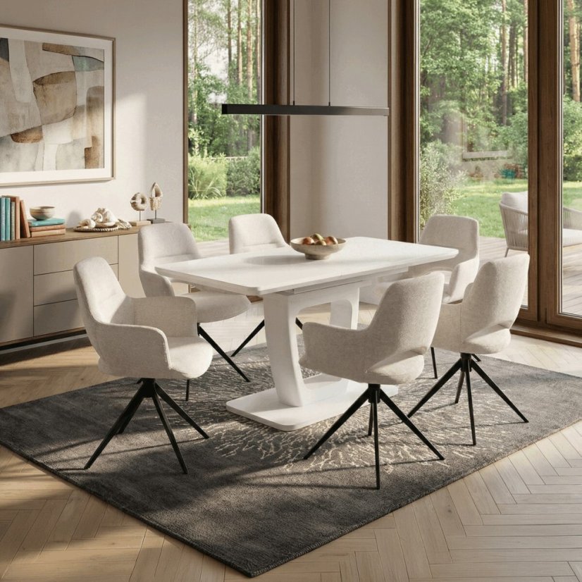 Jídelní stůl 110+40x75 cm, bílá 4 mm skleněná deska, MDF, biely matný lak - Dekor: Matný
