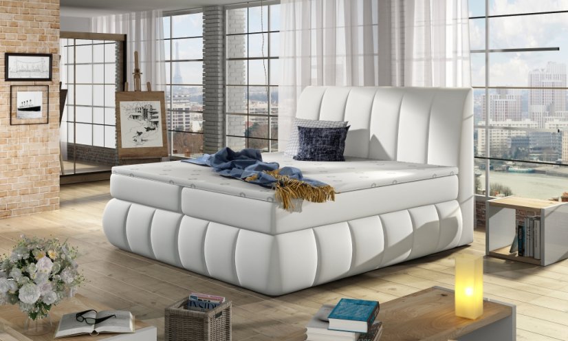 Kontinentální postel Boxspring RAVIOLI bílá ekokůže - Vyberte rozměry: 160  x 200 cm
