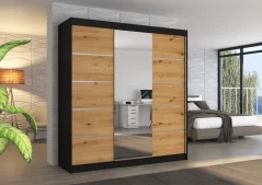 Posuvná skříň se zrcadlem BERGEN 200 černá – artisan (200 x 215) cm – 11 polic pro přehledné uložení