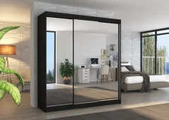 Posuvná skříň se zrcadlem AUSTIN 200 černá (200 x 215) cm – 11 polic pro přehledné uložení