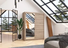 Skříň posuvná se zrcadlem BIANCO 150 lanýž (150 x 200) cm – 6 polic pro přehledné uložení