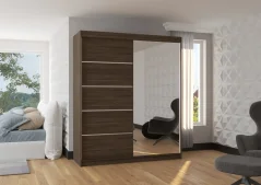 Posuvná skříň s zrcadlem CARO 180 choco (180 x 215) cm – 6 polic pro přehledné uložení