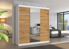 Posuvná skříň se zrcadlem BERGEN 200 bílá – artisan (200 x 215) cm – 11 polic pro přehledné uložení