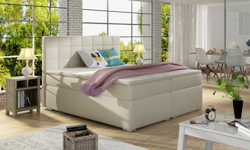 Kontinentální postel Boxspring LUCIE béžová ekokůže - Vyberte rozměry: 140 x 200 cm