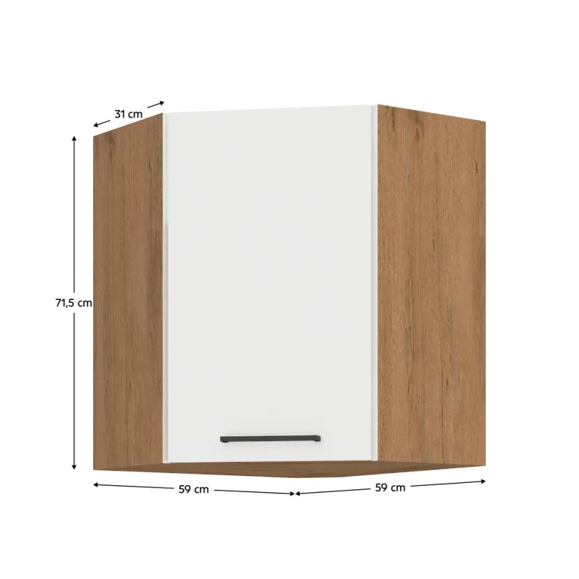 Horní rohová skříňka, VEGA 58x58 GN-72 1F, bílá extra vysoký lesk HG/dub lancelot