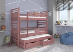 Třílůžková patrová postel HIPPO 180x80 růžová (87 x 175) cm – 2 zásuvky na lůžkoviny místo další komody