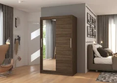 Skříň posuvná se zrcadlem BARIO 120 choco (120 x 200) cm – 6 polic pro přehledné uložení