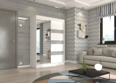 Posuvná skříň se zrcadlem a lacobelem TOURA 150 bílá (150 x 215) cm – 10 polic pro přehledné uložení