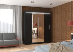 Posuvná skříň se zrcadlem a LED osvětlením DALLAS 180 černá (180 x 215) cm – 6 polic pro přehledné uložení