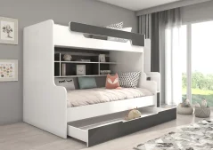 Patrová postel se schody HARELL – šedá (260 x 129) cm – 1 zásuvka na lůžkoviny místo další komody