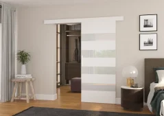 Posuvné nástěnné dveře MILOU 86 bílá – bílý Lacobel (86 x 205) cm – záruka 4 roky