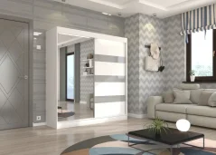 Posuvná skříň se zrcadlem a lacobelem TOURA 200 bílá (200 x 215) cm – 8 polic pro přehledné uložení