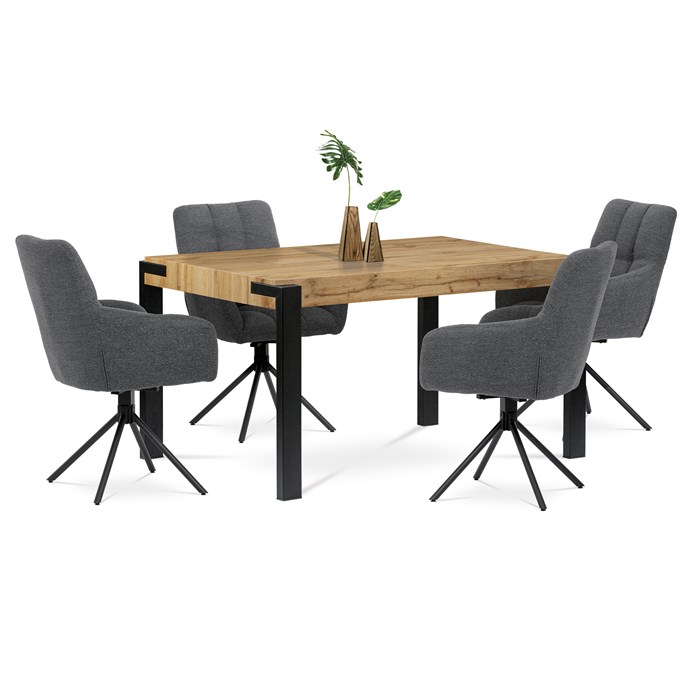Jídelní stůl MDF divoký dub, kov černý mat (140 x 88) cm – deska tl. 100 mm