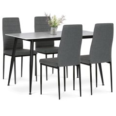 Jídelní set 1+4, stůl 130x70, deska slinutý kámen v imitaci bílého matného mramoru, židle šedá látka, černý lak