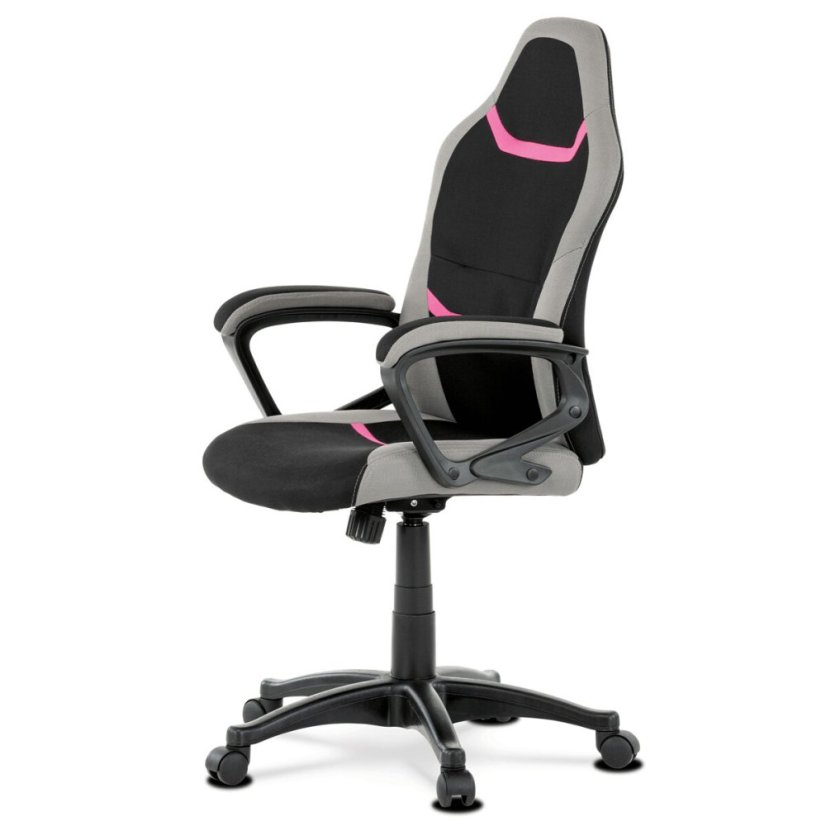 Kancelářská a herní židle, potah růžová, šedá a černá látka, houpací mechanismus