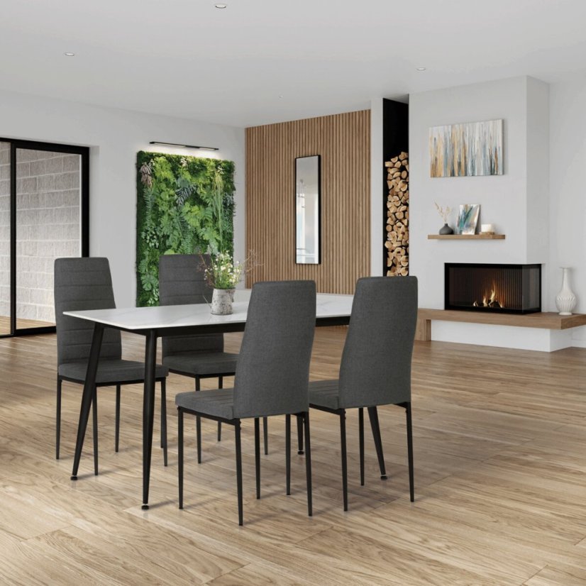 Jídelní set 1+4, stůl 130x70, deska slinutý kámen v imitaci bílého matného mramoru, židle šedá látka, černý lak