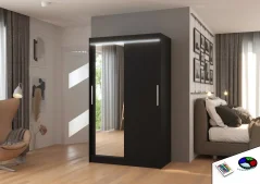 Posuvná skříň se zrcadlem a LED osvětlením BARIO 120 černá (120 x 200) cm – 6 polic pro přehledné uložení