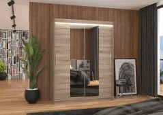Posuvná skříň se zrcadlem a LED osvětlením INESS 150 trufle (150 x 200) cm – 6 polic pro přehledné uložení