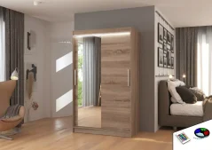Posuvná skříň se zrcadlem a LED osvětlením BARIO 120 trufle (120 x 200) cm – 6 polic pro přehledné uložení