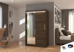 Posuvná skříň se zrcadlem a LED osvětlením BARIO 120 choco (120 x 200) cm – 6 polic pro přehledné uložení