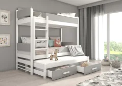Patrová třílůžková postel QUEEN 180x80 bílá – šedá (190 x 88) cm – 2 zásuvky na lůžkoviny místo další komody