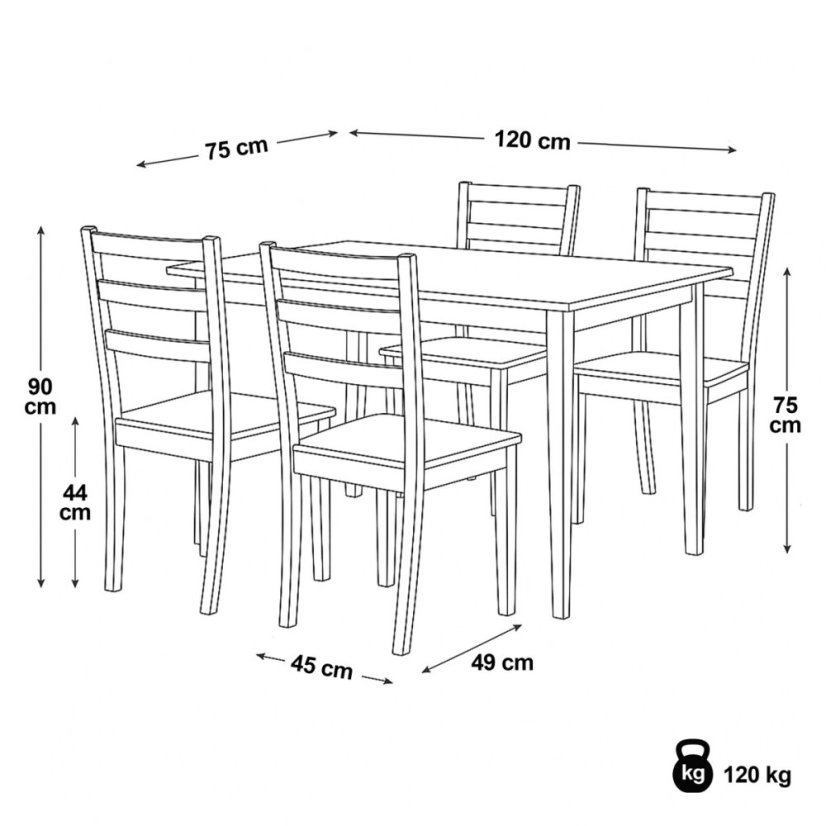 Jídelní set 1+4, rozměr stolu 120x75x75 cm, MDF, dýha, masivní nohy, moření dub