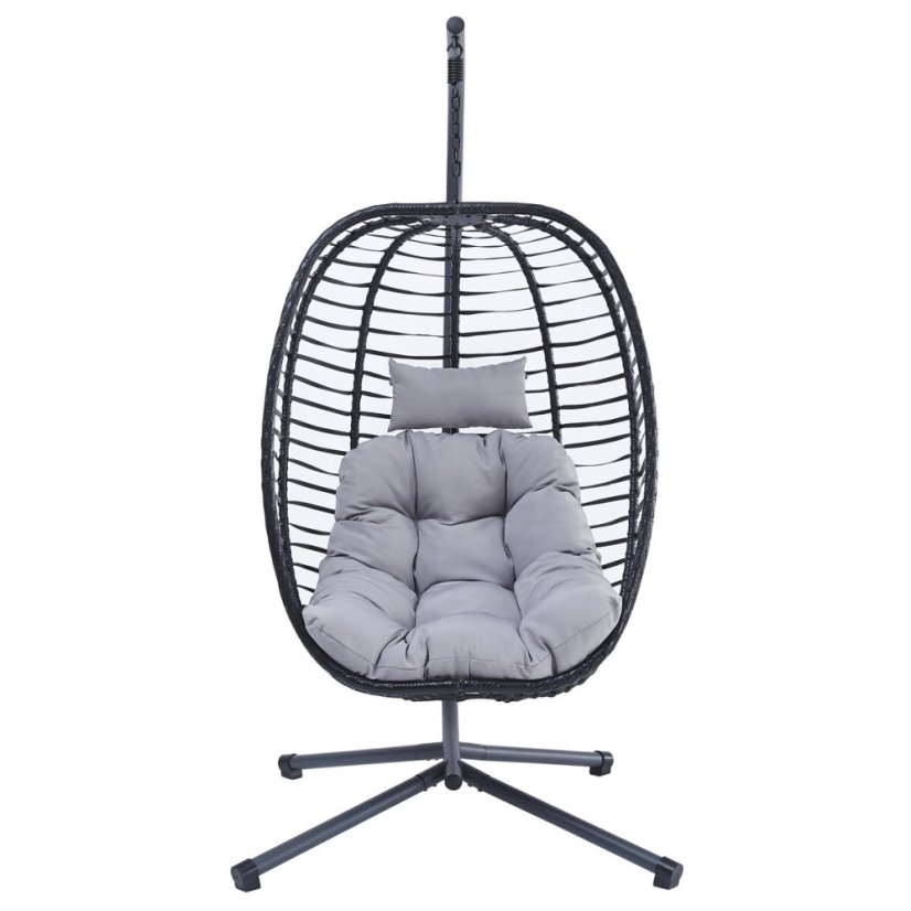 Zahradní závěsné křeslo, výplet antracit umělý ratan, potah šedá látka