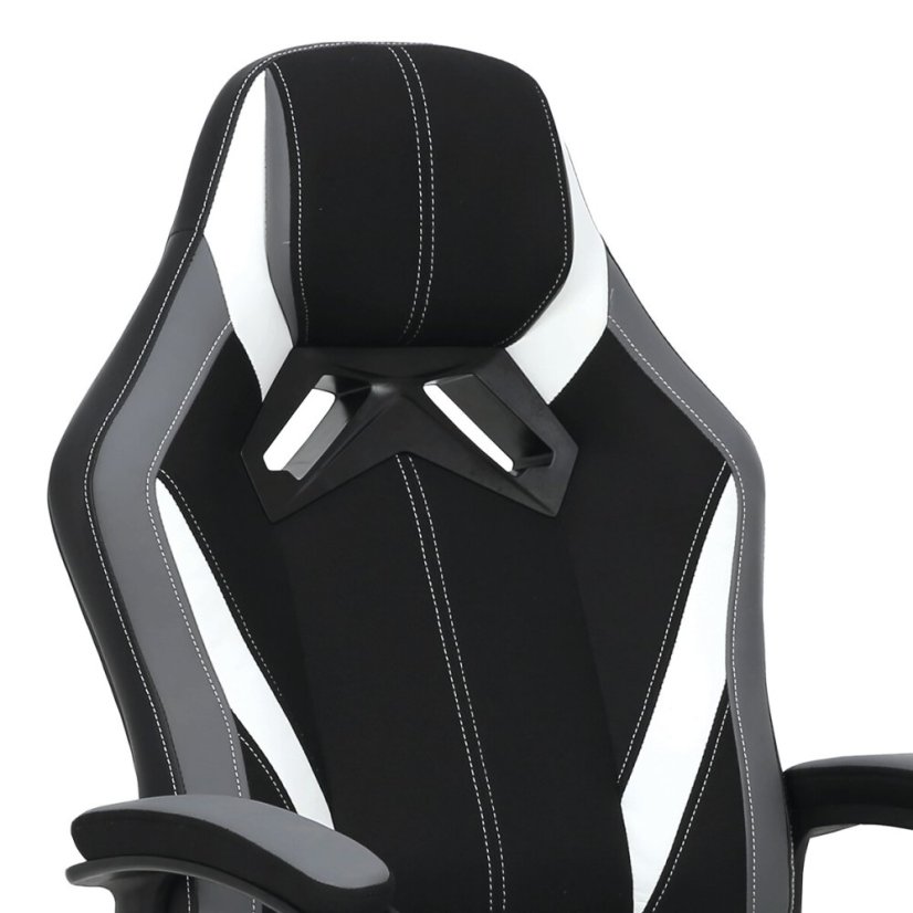 Herní křeslo, potah šedá a černá látka a bílá ekokůže, HM