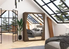 Skříň posuvná se zrcadlem ALEN 150 choco (150 x 200) cm – 6 polic pro přehledné uložení