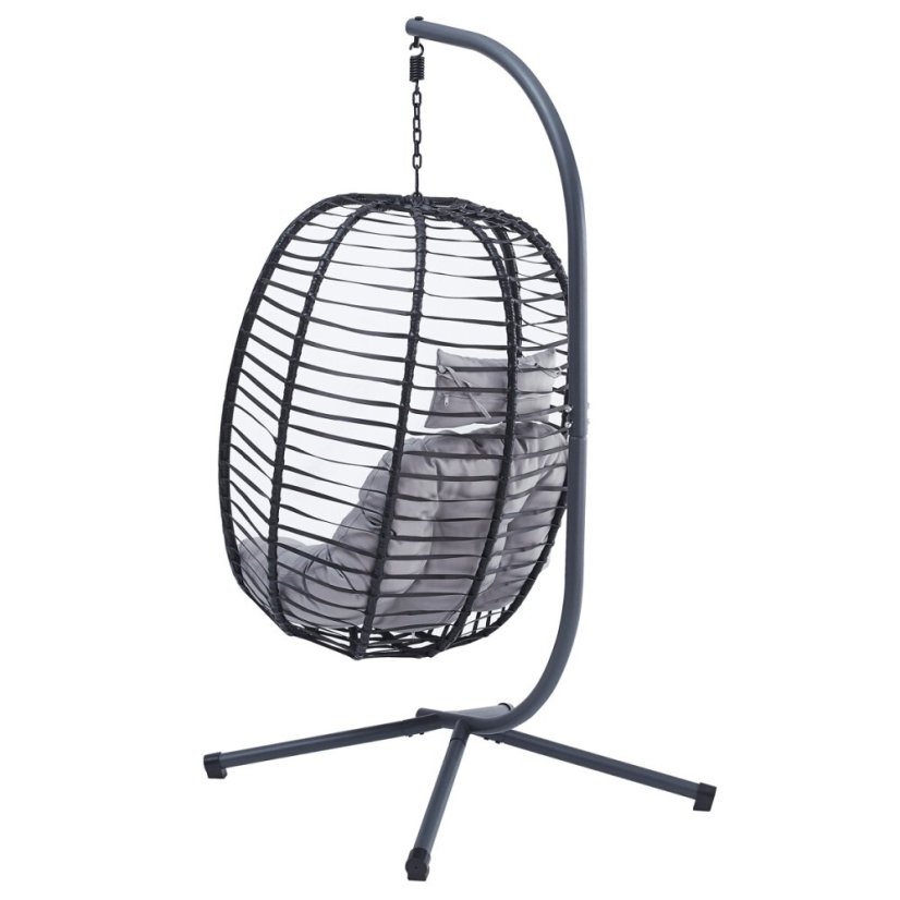 Zahradní závěsné křeslo, výplet antracit umělý ratan, potah šedá látka